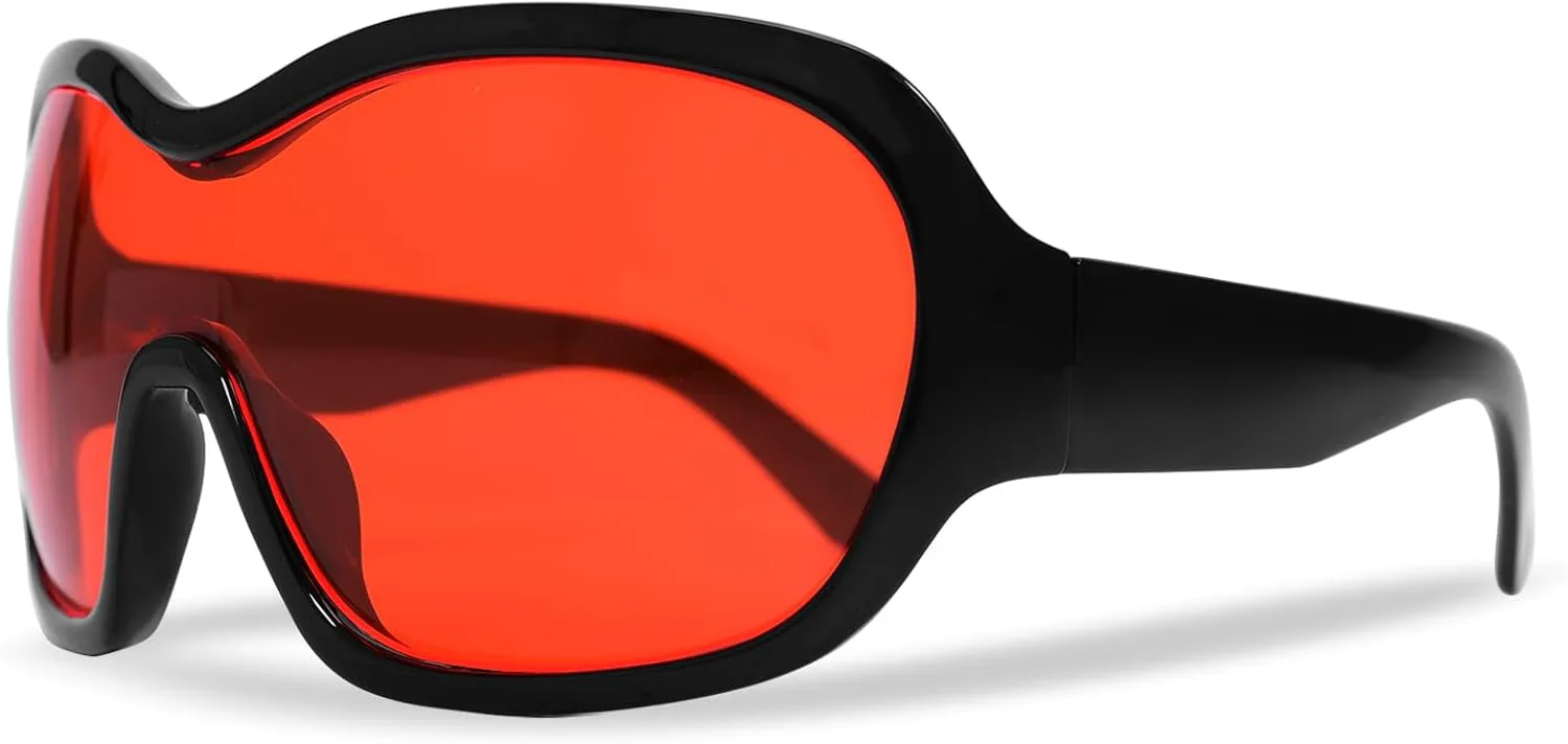 

Большие модные солнцезащитные очки-обтекатели для женщин и мужчин - стильные очки для концертов в стиле 2000-х, ретро, ​​круглые, большие, в форме щита TYA, Black/Red