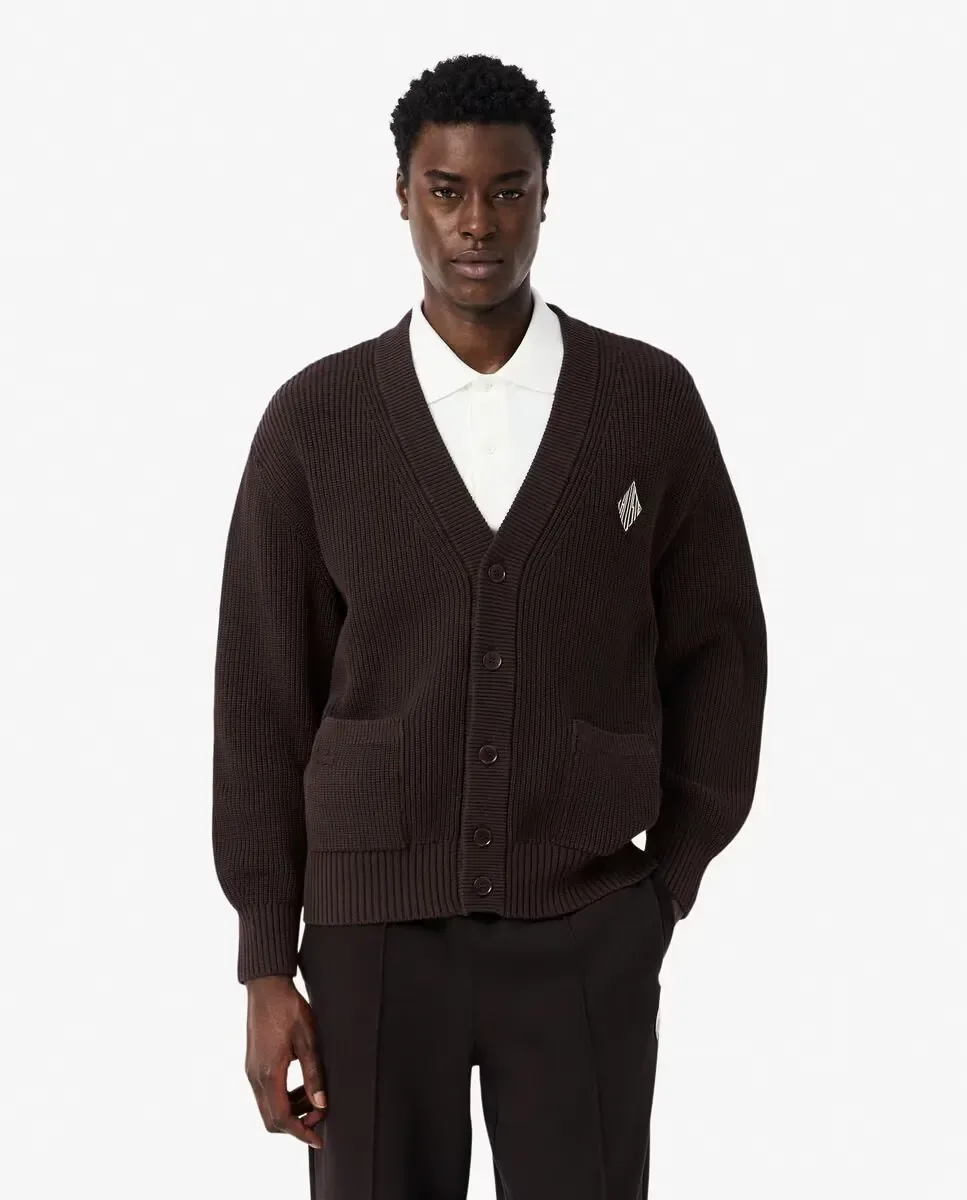 Мужская вязаная куртка с ребристым узором из хлопка свободного кроя Lacoste, коричневый