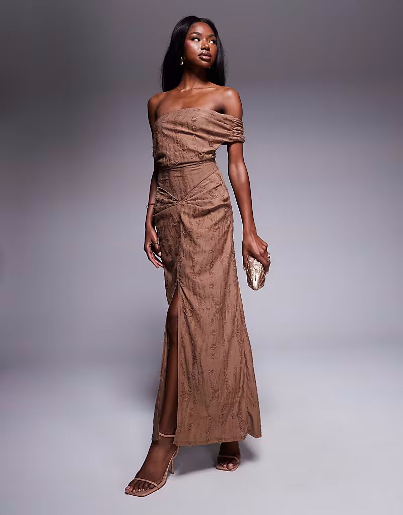 

Платье миди с текстурированными потертостями и необработанными вставками шоколадного цвета Asos Design