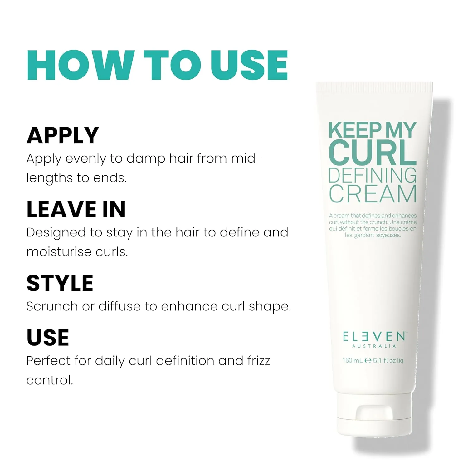 ELEVEN AUSTRALIA Keep My Curl Defining Cream, крем для завивки волнистых волос, добавляет упругость и увлажнение, усиливает естественные волны, без парабенов 151 мл (1 шт.) — фото 4