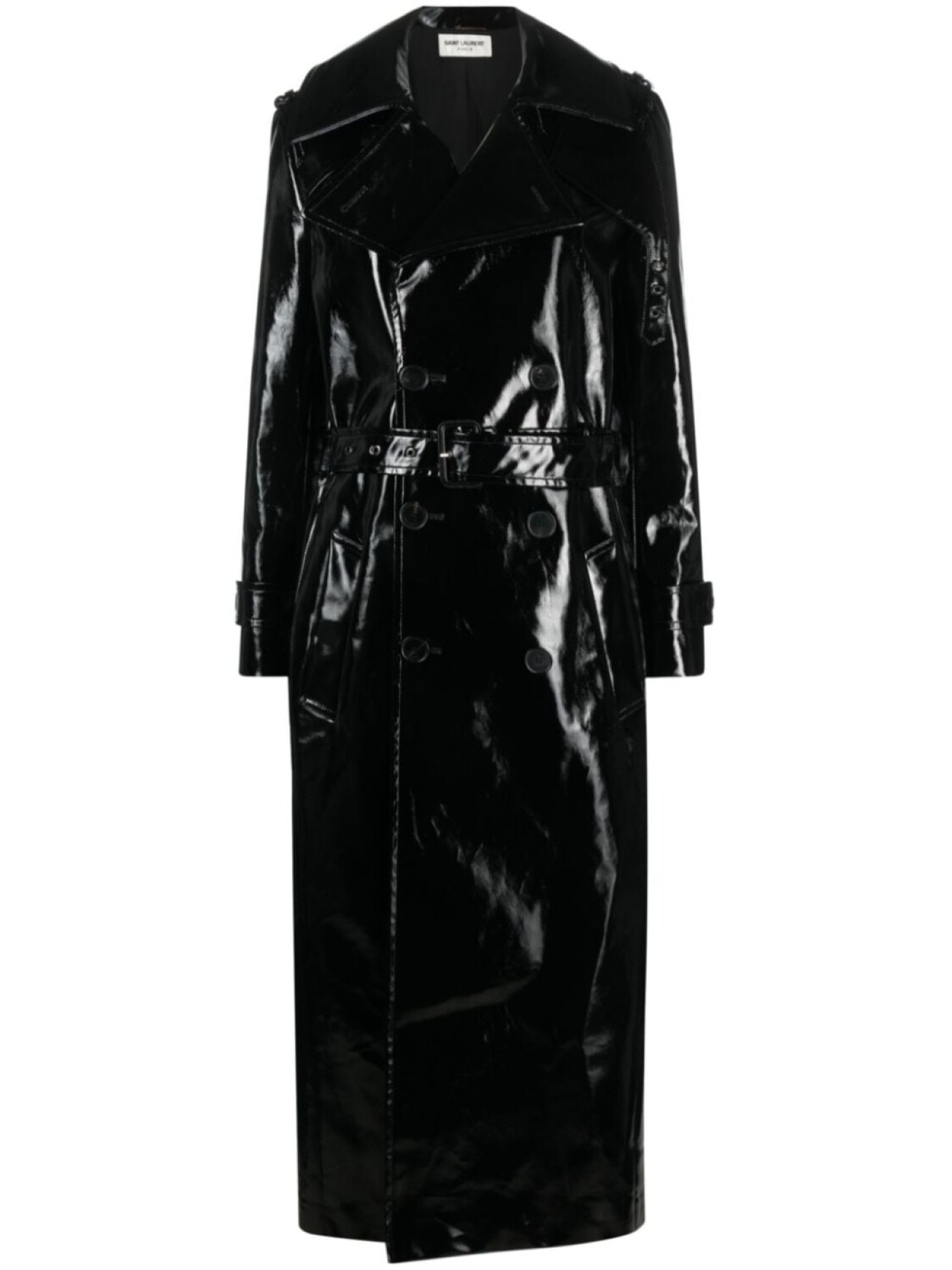 

Лакированное двубортное пальто Saint Laurent, черный