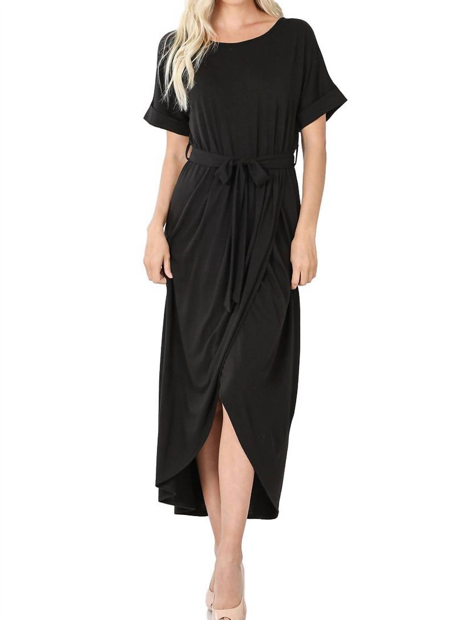 

Черное короткое платье-тюльпан с поясом ZENANA