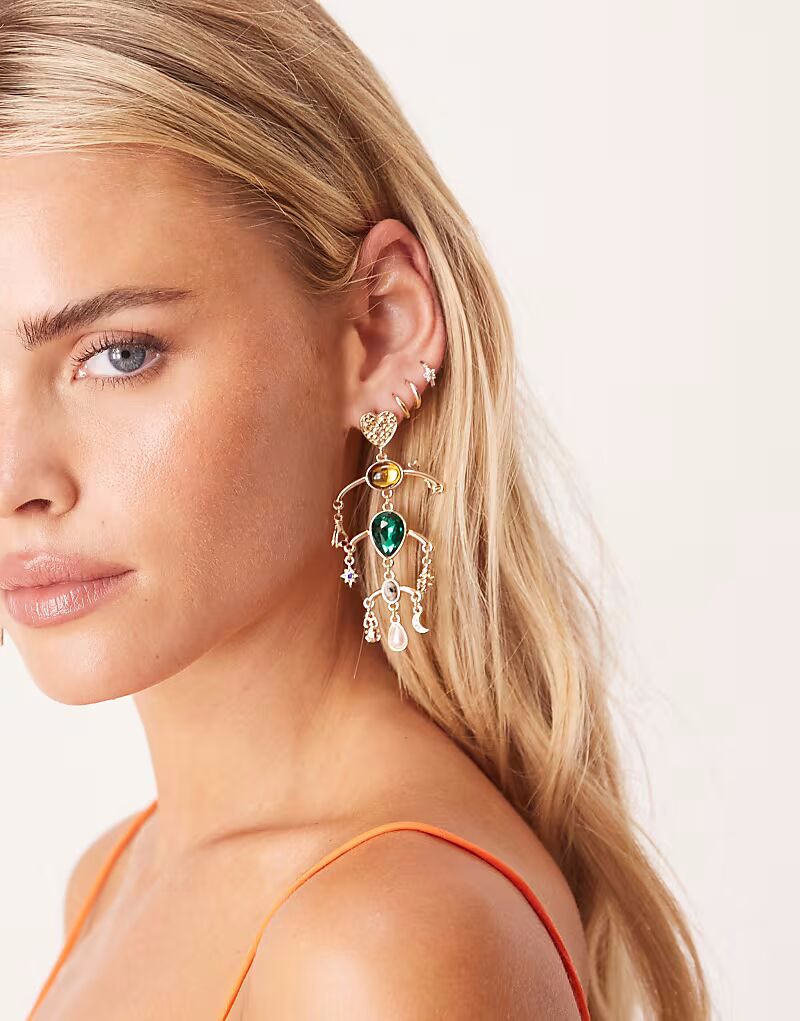 

Серьги-гвоздики с подвесками и настоящими полудрагоценными камнями золотистого оттенка Asos Design