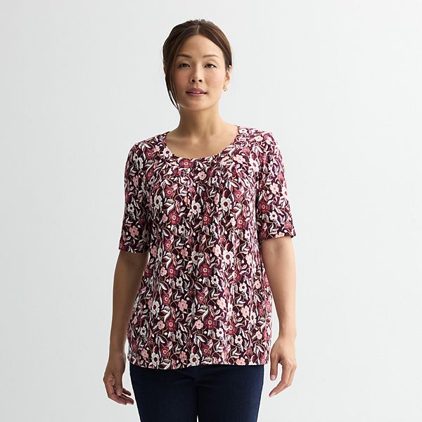 

Топ с круглым вырезом и плиссировкой Croft & Barrow, Wine Autumn Floral