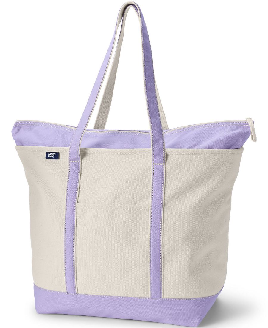 

Очень большая холщовая сумка-тоут с пятью карманами, застежкой-молнией и длинными ручками Lands' End, Natural/lavender cloud