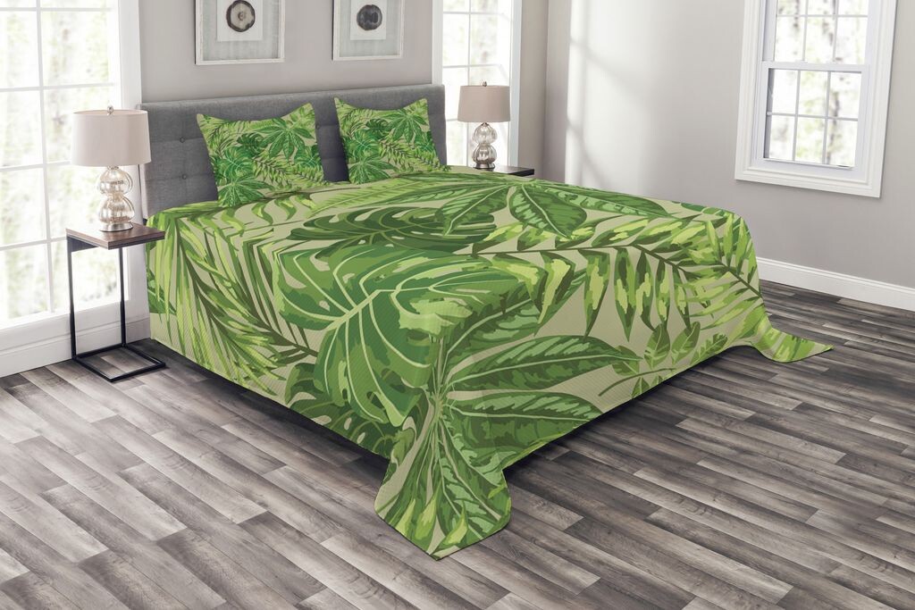 

ABAKUHAUS Комплект покрывала Green Leaf, Fresh Jungle Aloha, комплект с моющимися наволочками, для односпальных кроватей 220 x 220 см, Apple Green Fern Green
