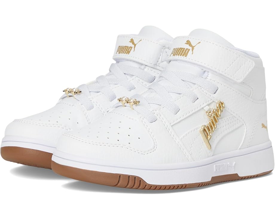 

Кроссовки PUMA Kids Rebound Layup Mid Hook And Loop Shoes, цвет White/White/Gold