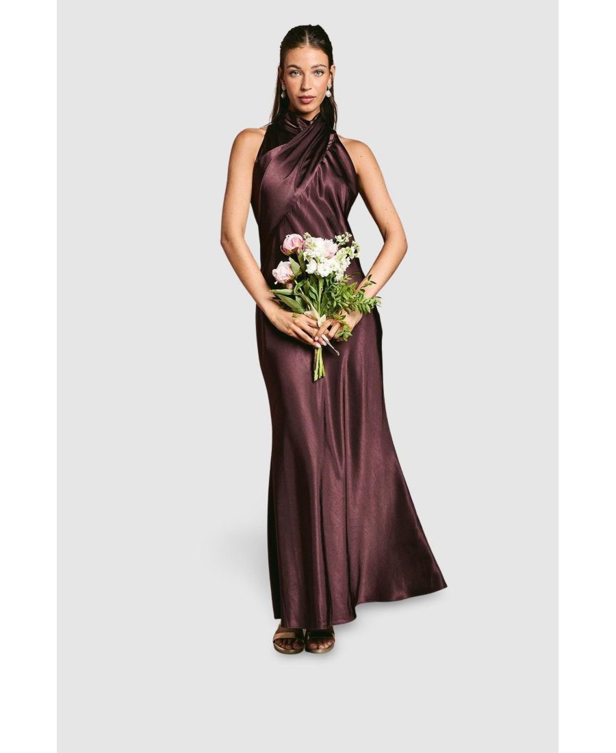 

Женское атласное макси-платье с высоким воротником и шлейфом "рыбий хвост" Coast, Espresso