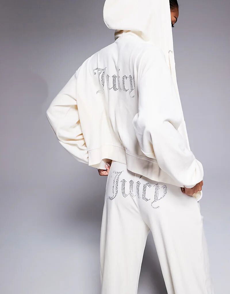 

Велюровая укороченная толстовка с капюшоном на молнии белого цвета Juicy Couture