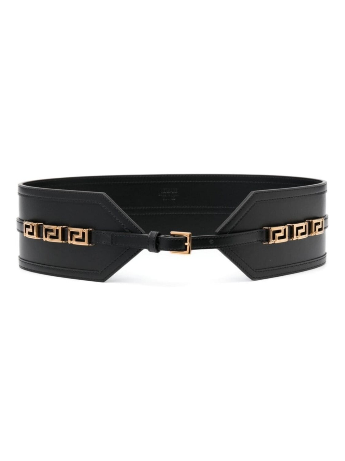 

Ремень женский Versace Greca Goddess кожаный с золотым принтом, черный