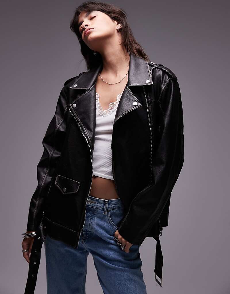 

Topshop – супер-оверсайз черная байкерская куртка из искусственной кожи