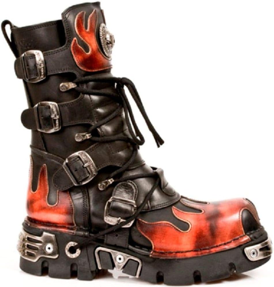 

Ботинки New Rock Newrock 591-S1 Red Flame из черной кожи с металлическими элементами в стиле хэви-панк и готика