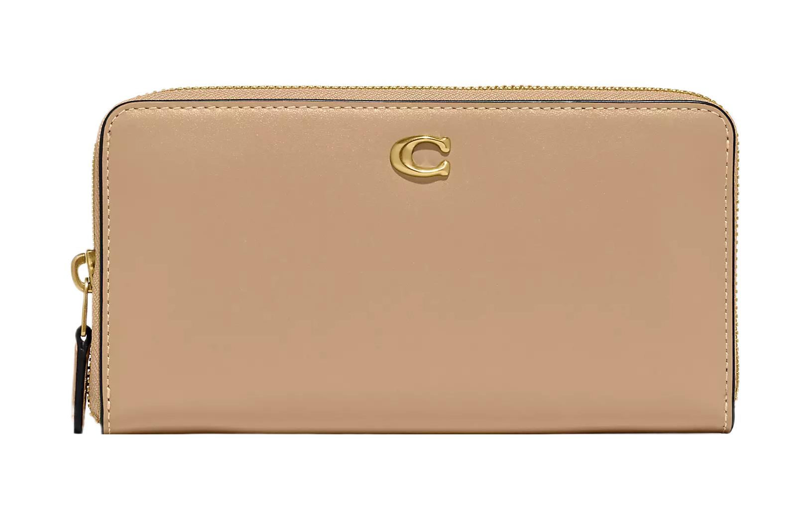 

COACH Женский небольшой кошелек из телячьей кожи с гармошкой и молнией латунный и бежевый