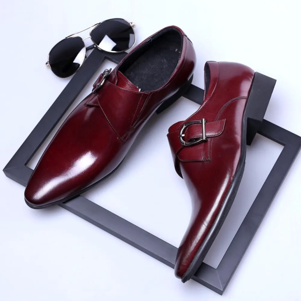 Мужские туфли Monk Strap Классические Ретро Формальные Деловые Лоферы Легкие Кожаные Слипоны Комфортные Носка Низкий Каблук Заостренный Носок Платиновая Пряжка Лоферы Оксфорды для Повседневной Элегантной Работы, Офиса и Свадьбы Geerta, красный — фото 3