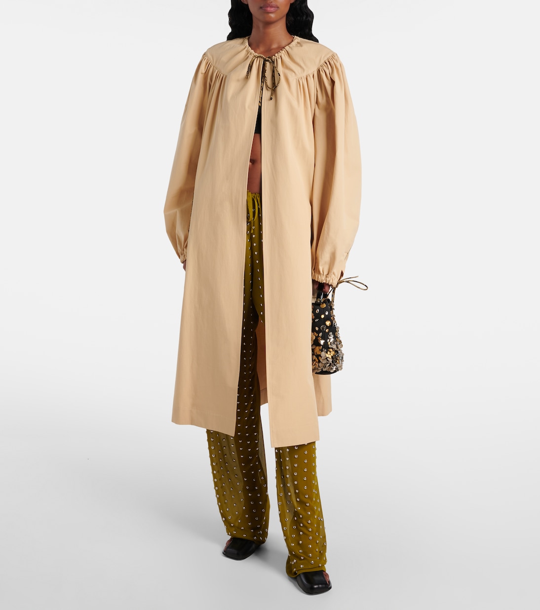 Пальто из хлопкового поплина со сборками Dries Van Noten, бежевый — фото 2