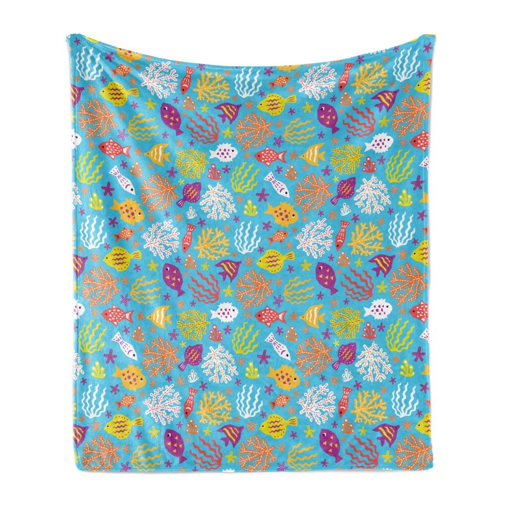 

ABAKUHAUS Мягкое фланелевое флисовое одеяло с морской рыбой, детский аквариумный стиль, рыбки, плавающие с экзотическими морскими кораллами, 175 x 230 см, небесно-голубой и разноцветный, синий