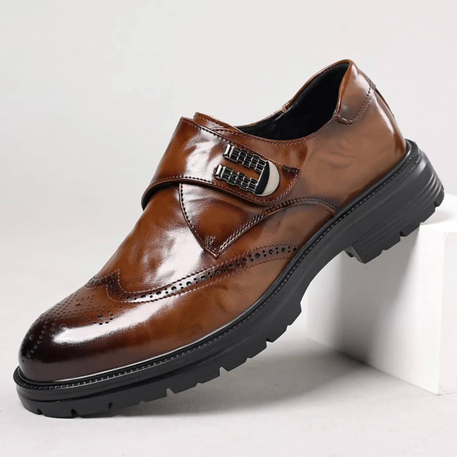 Лоферы кожаные на платформе Men's Leather Platform Slip-on Penny Loafers, коричневый Aokisx — фото 3