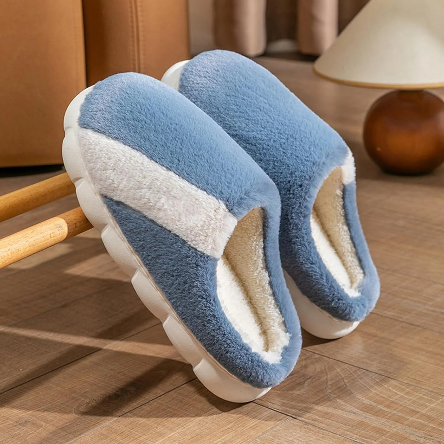 Мужские весенне-зимние домашние тапочки из мягкого низкопрофильного материала, с теплым плюшем и плоским хлопком, модель 5923 Generisch, светло-голубой/светло-голубой — фото 3