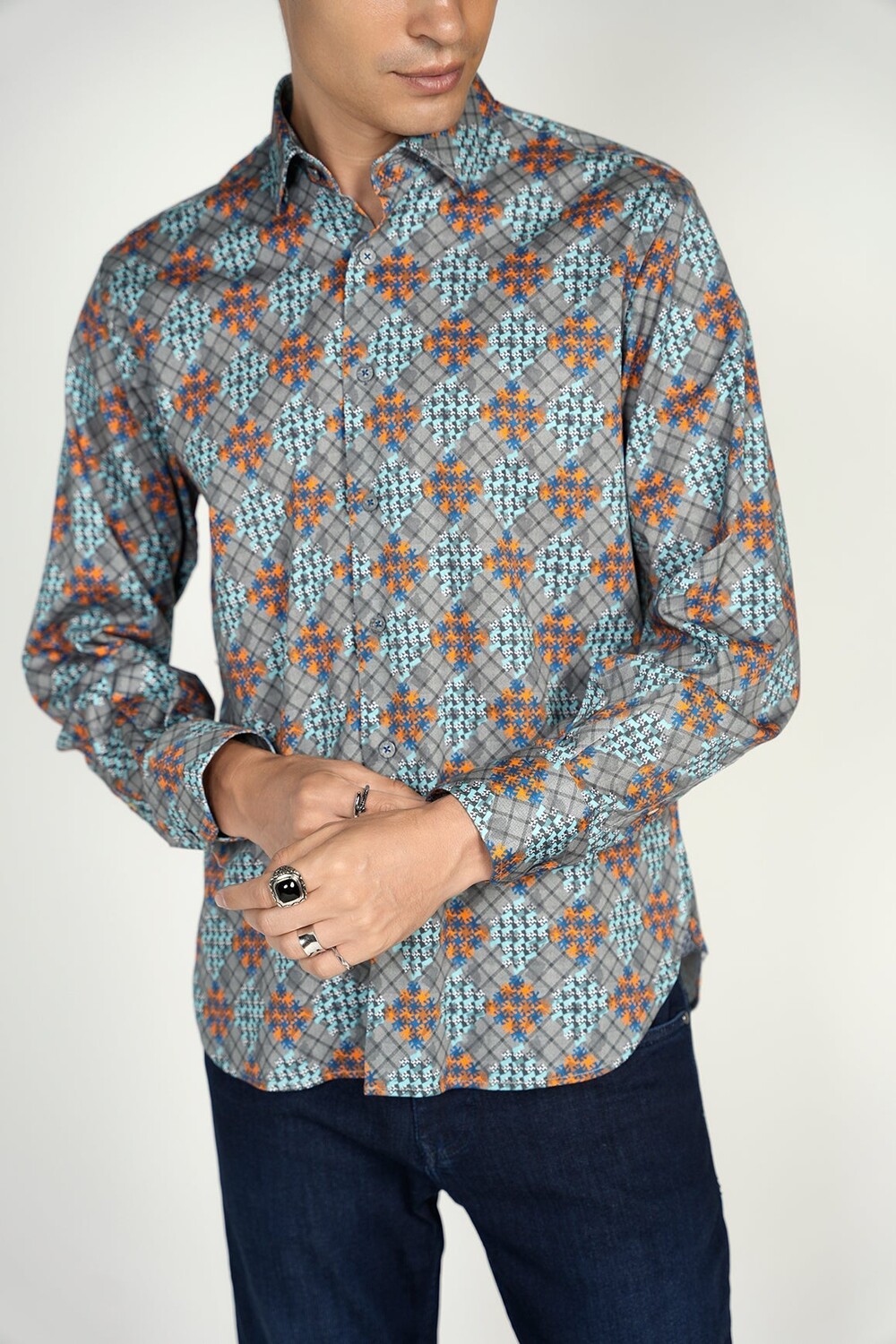 

Серая бирюзовая рубашка Signature Collection Luchiano Visconti, мультиколор