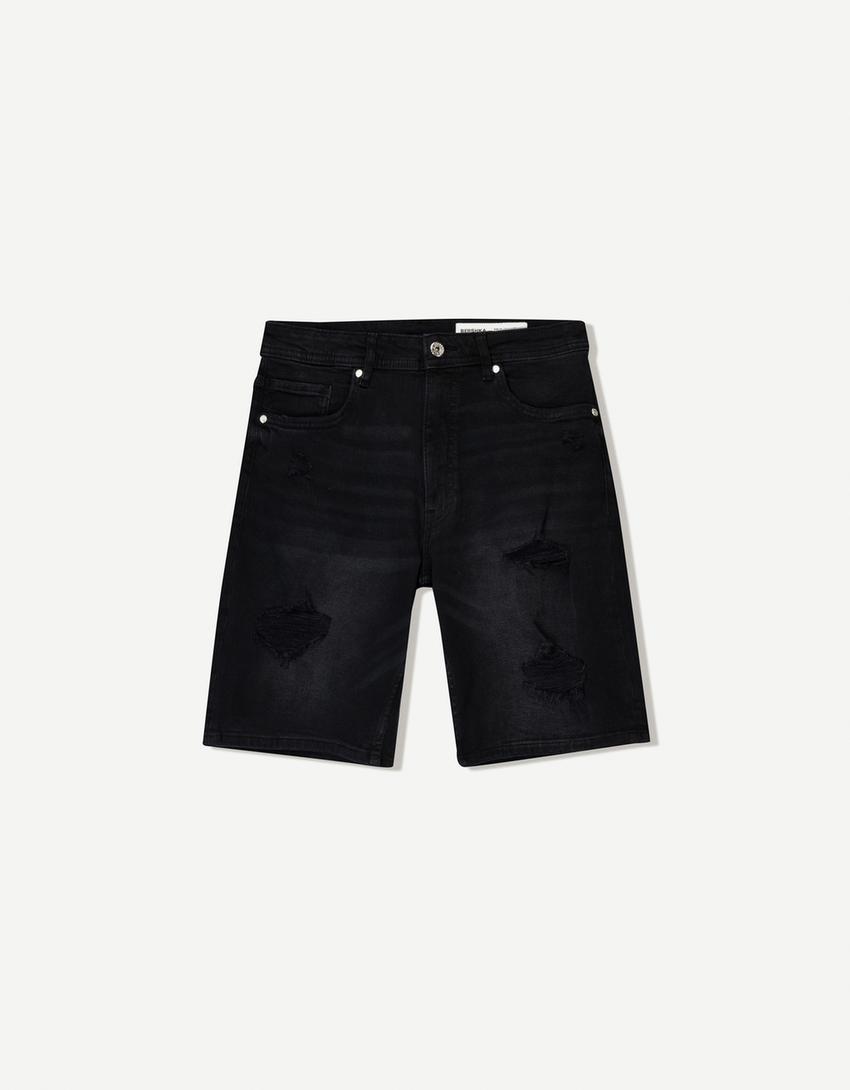 

Шорты-Бермуды из рваного денима Bershka, черный