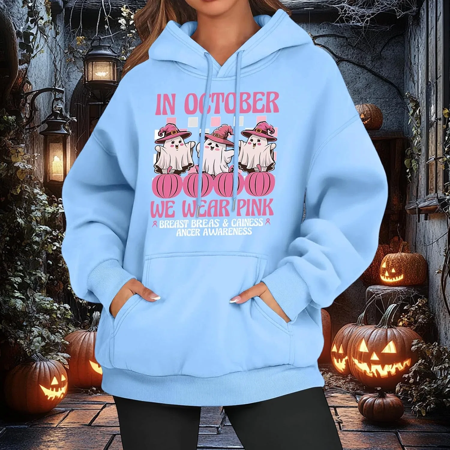 Худи с принтом Ghost Pumpkin Awareness Ribbon, женское, Light Blue — фото 2