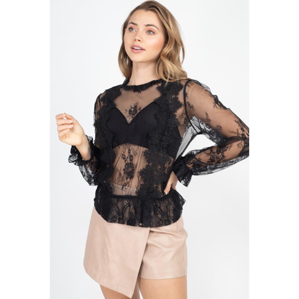

Прозрачный сетчатый топ с цветочной баской FASHNZFAB, черный
