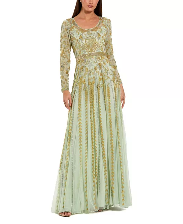 

Платье А-силуэта с длинными рукавами, вырезом-лодочкой и бисерной отделкой из сетчатой ткани. Mac Duggal, зеленый
