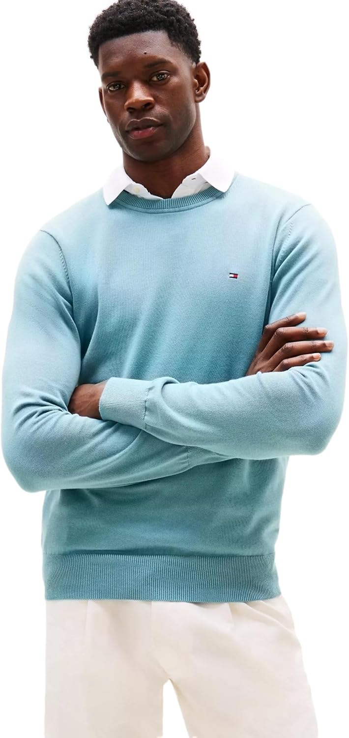 Мужской фирменный однотонный свитер с круглым вырезом TOMMY HILFIGER из коллекции 2025 года, Smoky Blue — фото 2