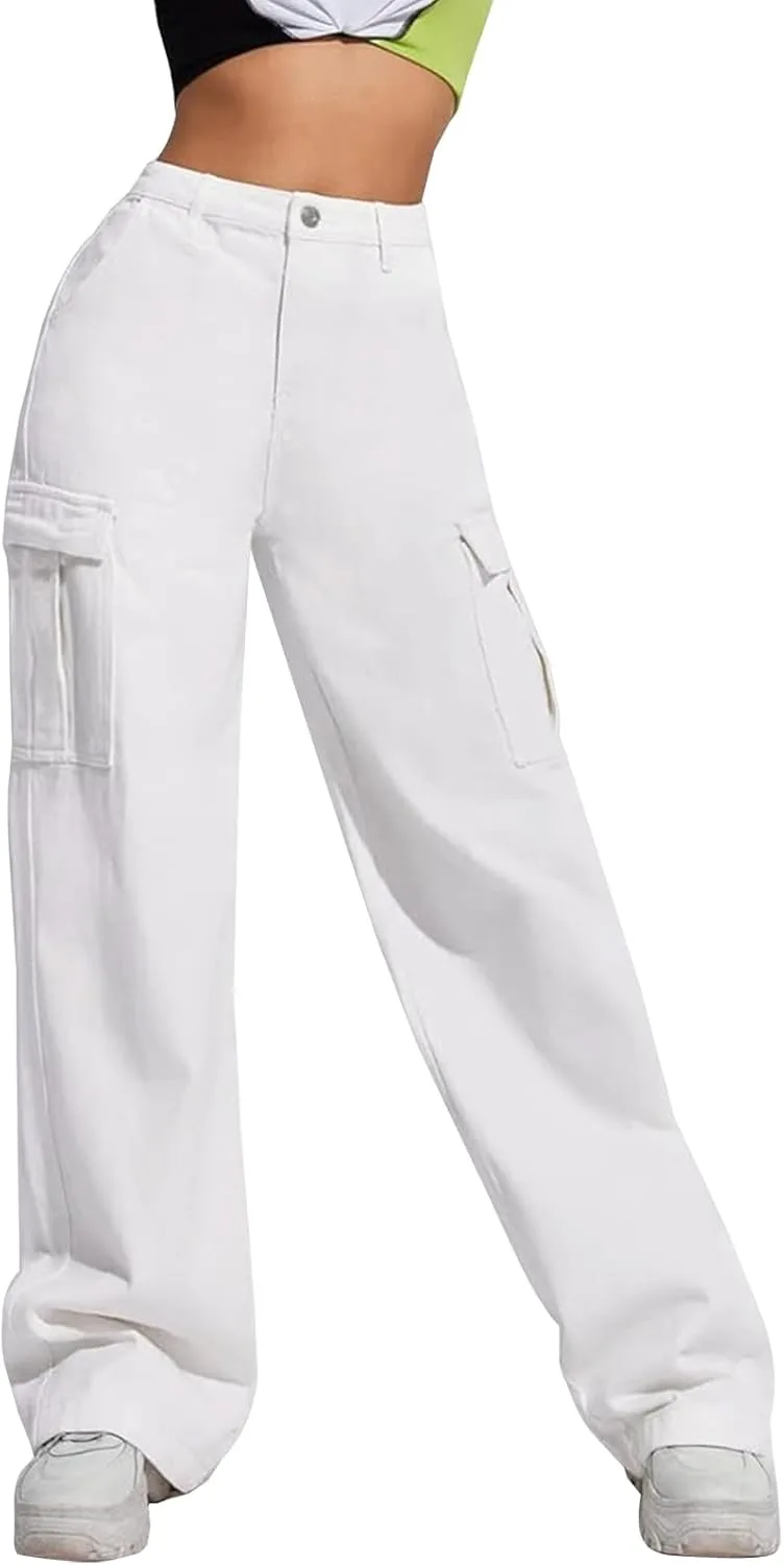 

Longyida женские джинсы карго с высокой талией, прямые широкие, стрейч