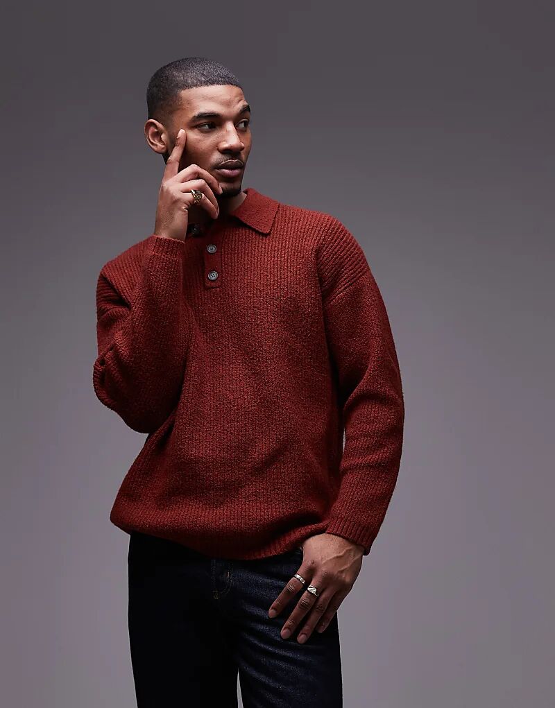 

Свободный джемпер-поло плотной вязки темно-красного цвета Topman