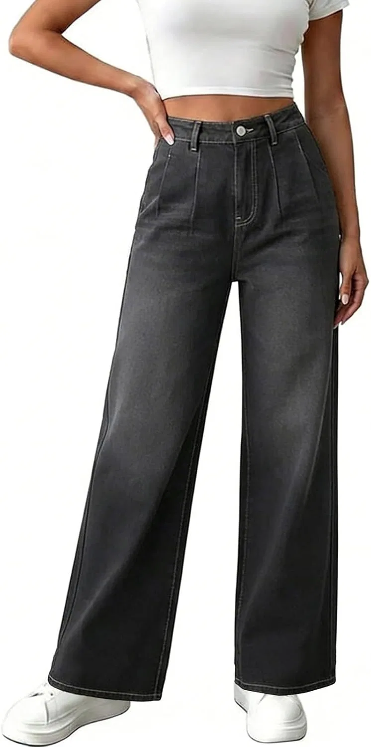 Джинсы прямые широкие Women's High Waist Denim Pants, серый
