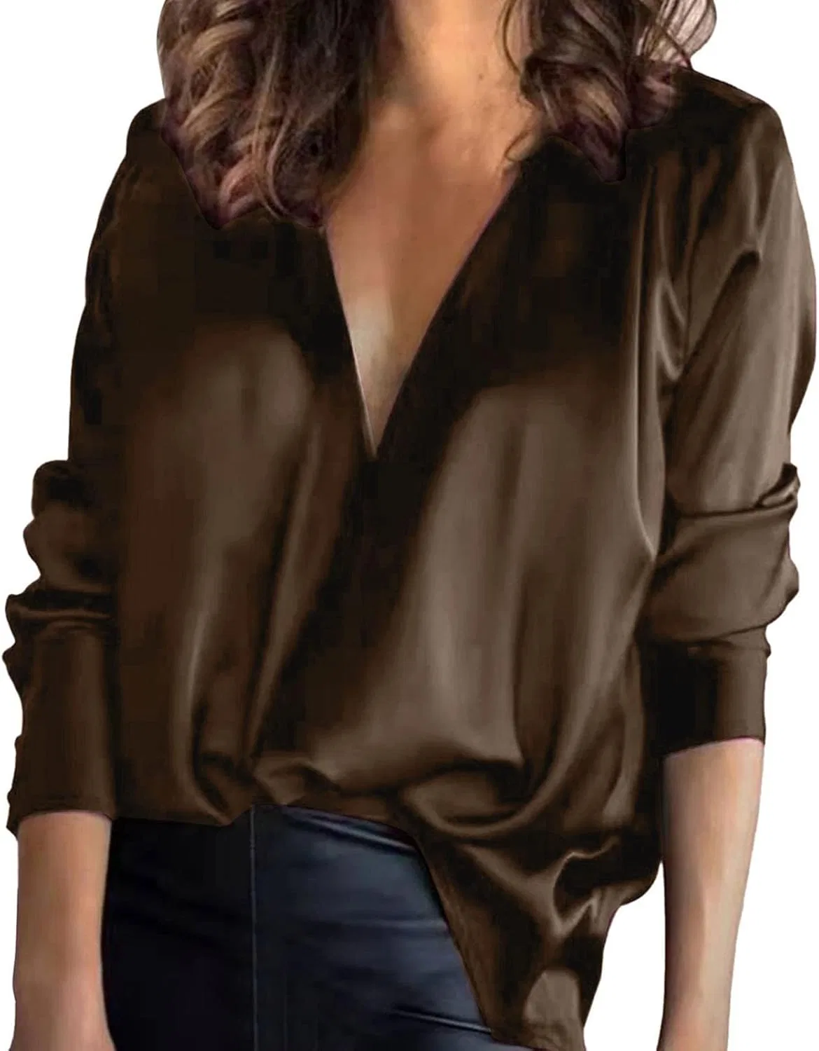 Блуза, V-образный вырез, Satin Blouse, кофе