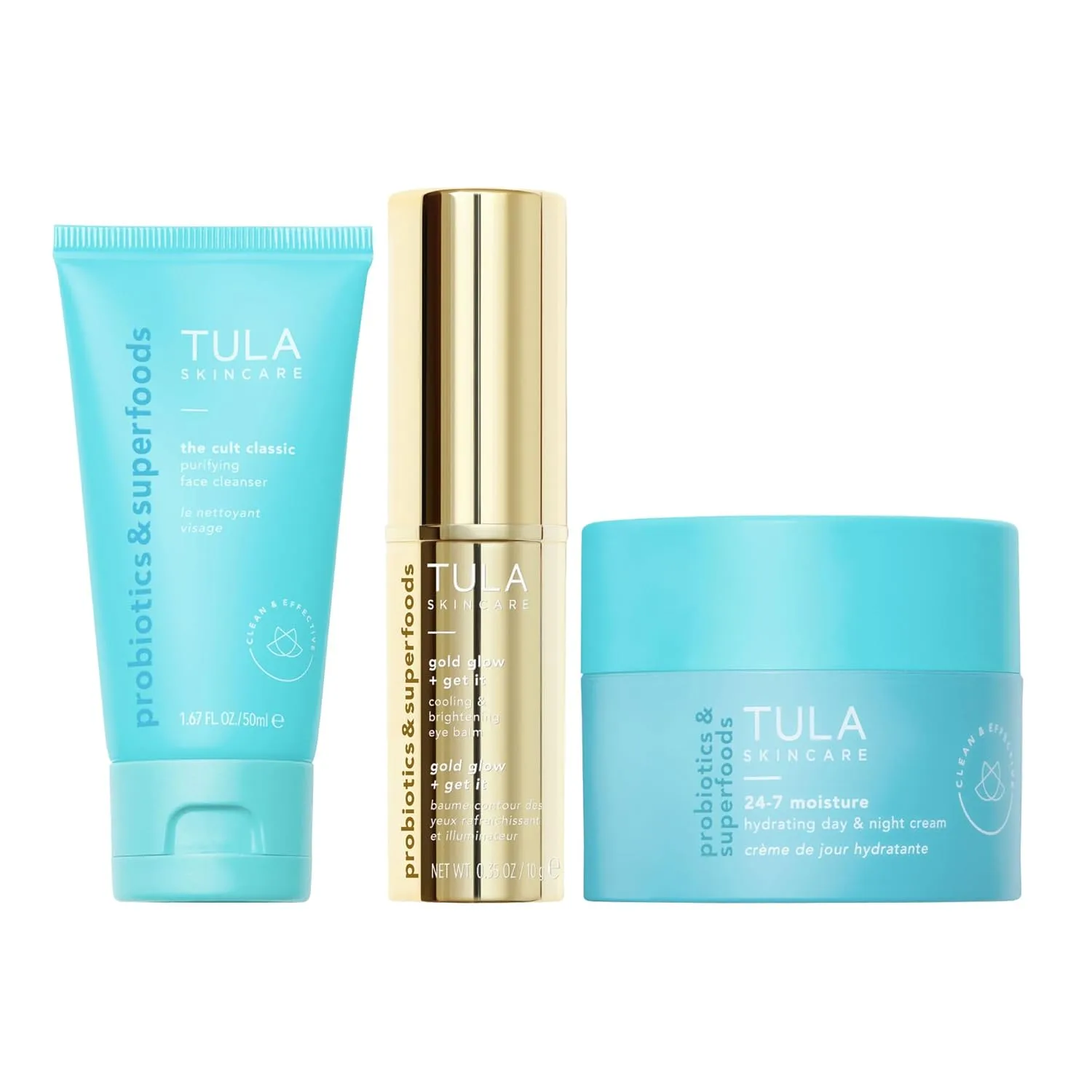 TULA Skin Care Greatest Hits Skincare Discovery Kit: бальзам для глаз Gold Glow & Get It 10 г, очищающее средство The Cult Classic Cleanser 50 мл, увлажняющий крем 24-7 Moisture для дня и ночи 15 мл, набор из 3 предметов