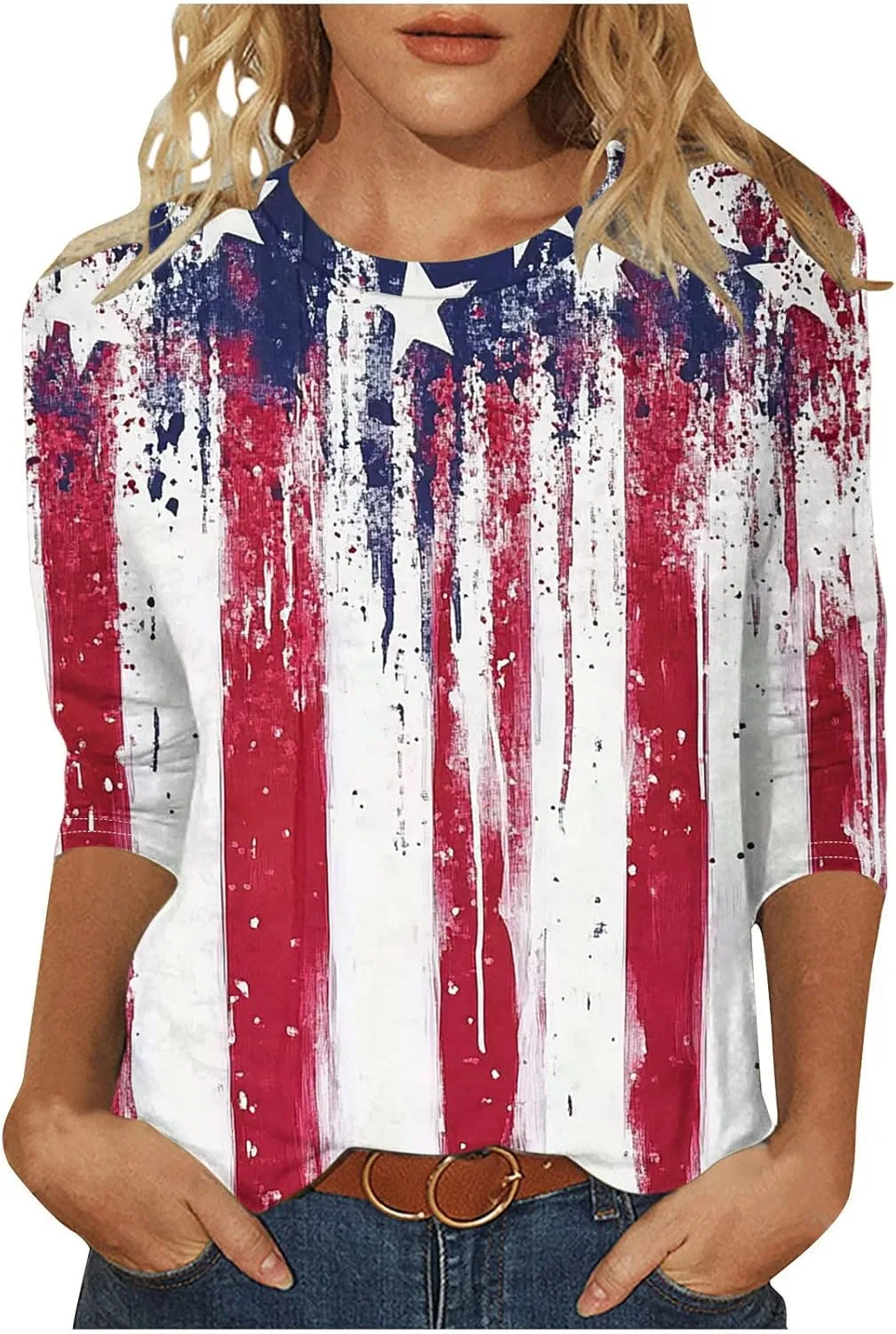 Футболка женская с длинным рукавом 3/4, Patriotic American Flag, красный