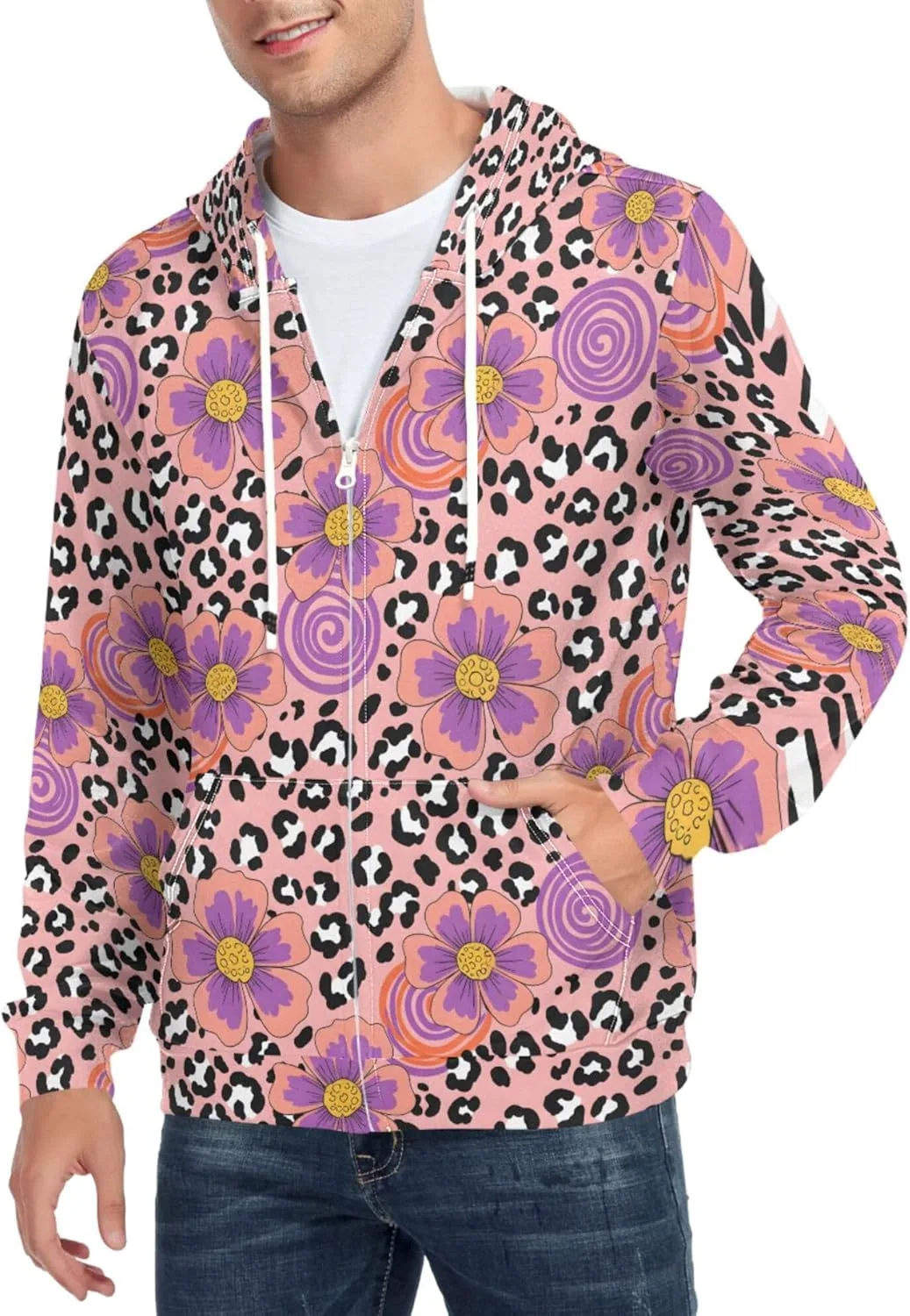 

Мужская худи с полной молнией, леопардовый принт, с карманом CUPADA