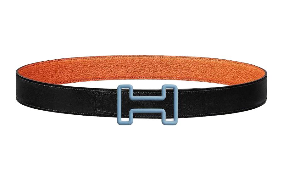 

HERMES Двусторонний мужской кожаный ремень с гладкой пряжкой H-дизайна шириной 3.2 см, Black/Orange