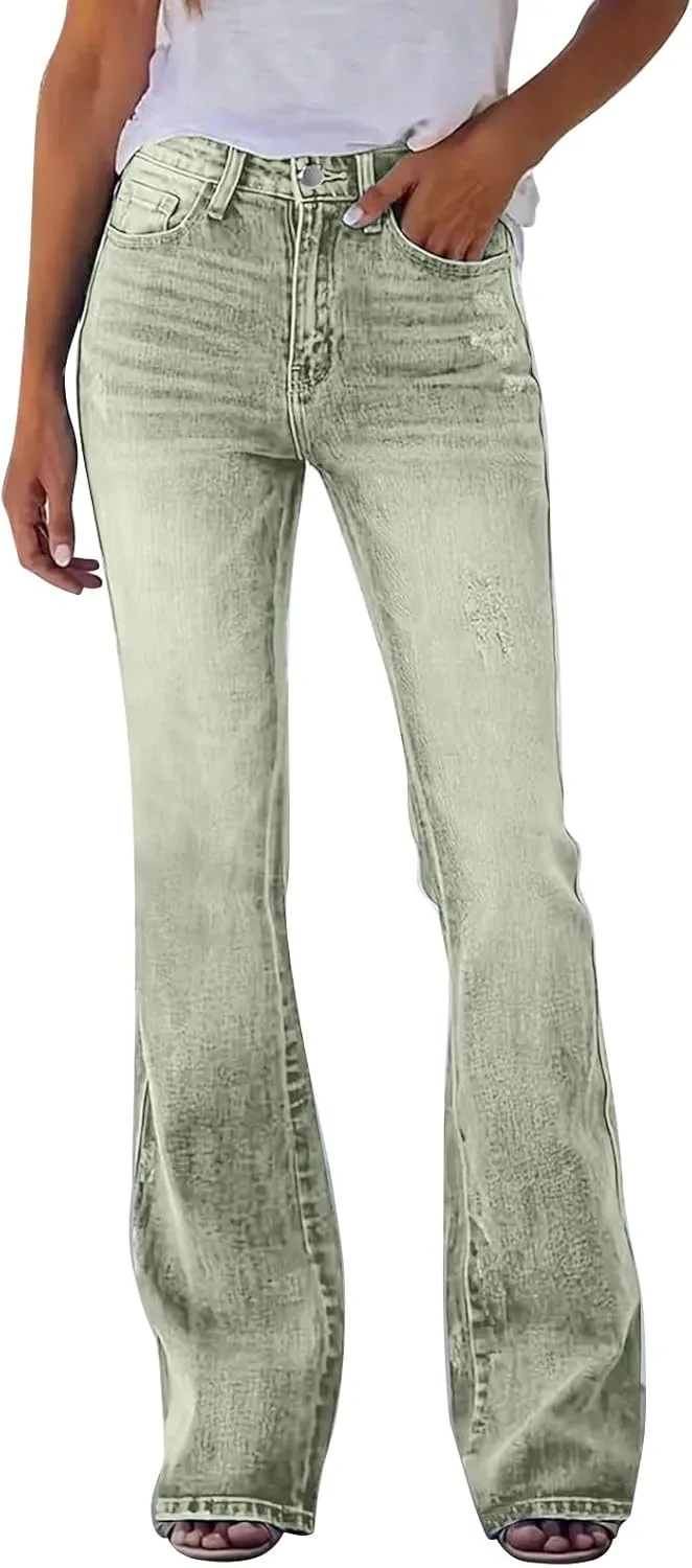 

Женские джинсы с высокой талией и расклешенным низом — потертая ткань и эластичный материал для вечеринок LCMTWX