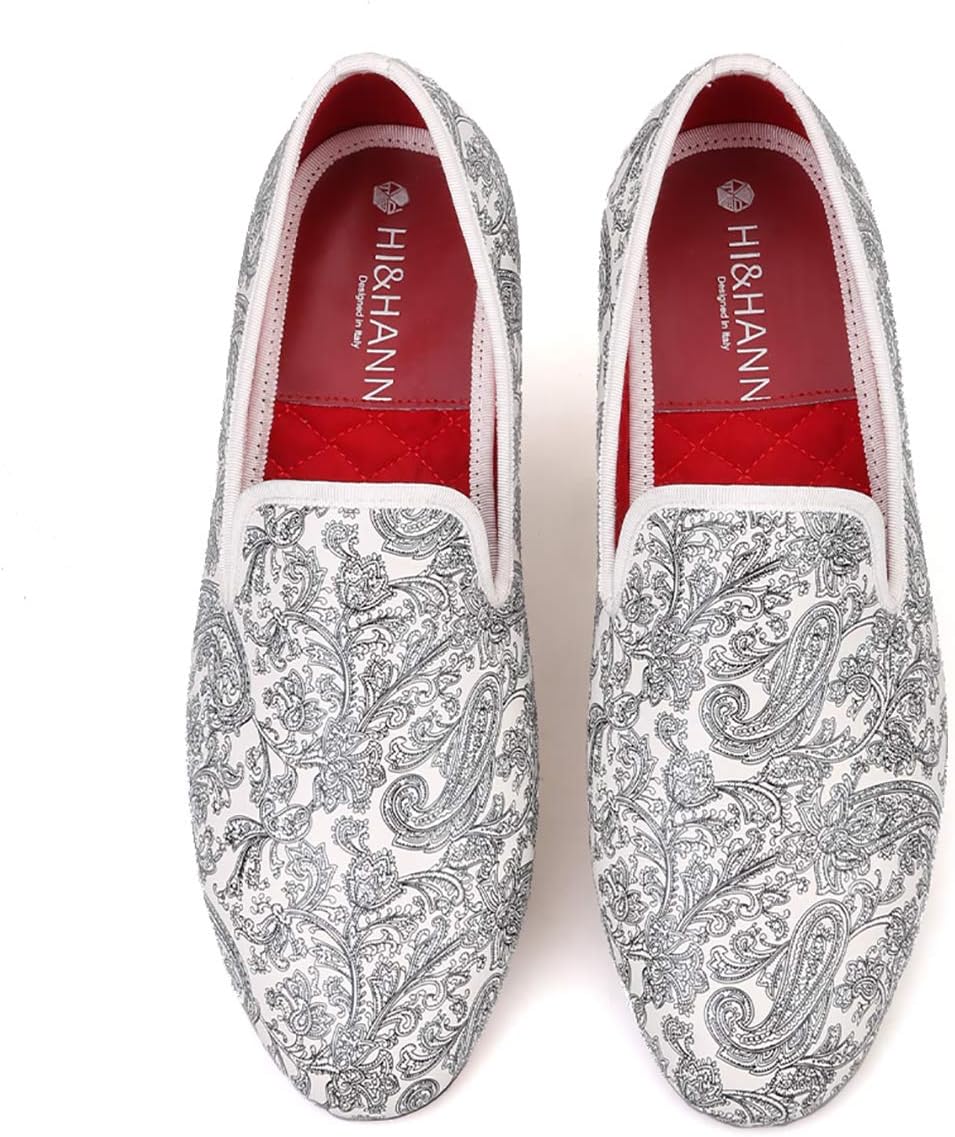 Мужские белые повседневные лоферы HIHANN Paisley Prints с принтом пейсли, без шнурков, с круглым носком, модель «Smoking Slipper» Hi&Hann — фото 2