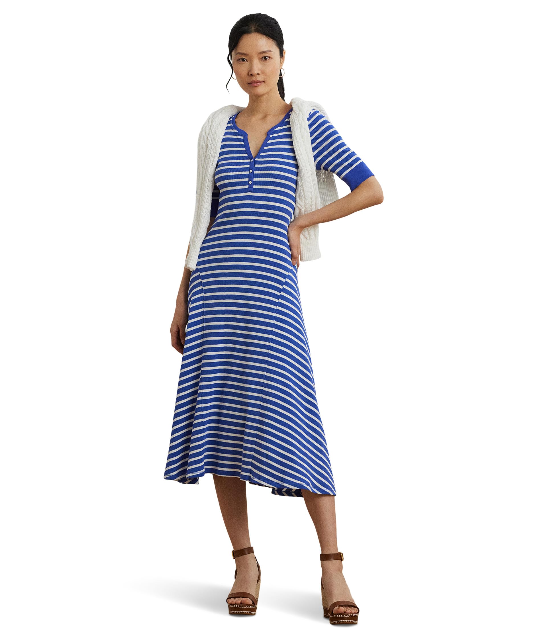

Платье Lauren Ralph Lauren Striped Waffle-Knit Cotton Henley Dress, Blue Lapis/White