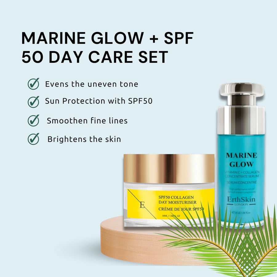 Концентрированная сыворотка с витамином С и коллагеном Marine Glow 30 мл + дневной крем с коллагеном SPF 50 50 мл ErthSkin London — фото 2
