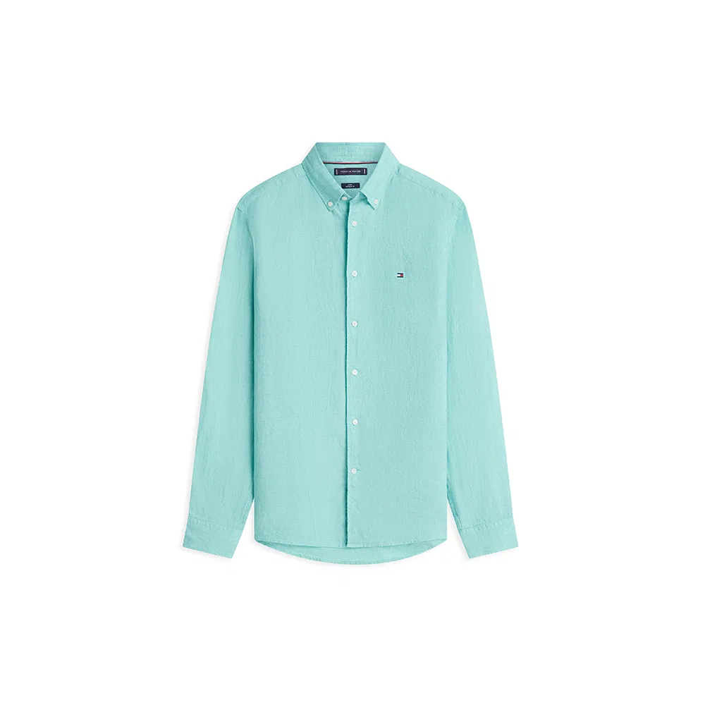 Мужская однотонная рубашка Regular Fit с пигментным окрашиванием мятного цвета от Tommy Hilfiger — фото 2