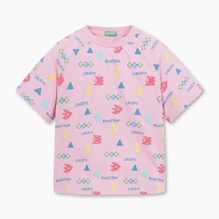 Детская розовая футболка с графическим принтом по всей поверхности от Benetton Kids