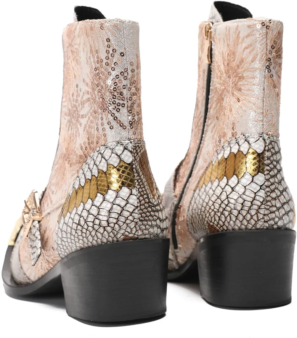 

Мужские повседневные ковбойские ботинки Santimon Mens Dress Casual Western - ботинки средней высоты из натуральной кожи с блестками и металлическим носком в форме крыльев для бальной или диско-вечеринки