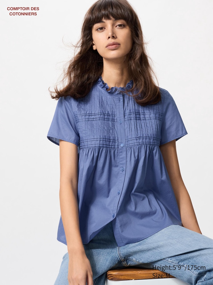 

Хлопковая рубашка с коротким рукавом Uniqlo, цвет 64 синий