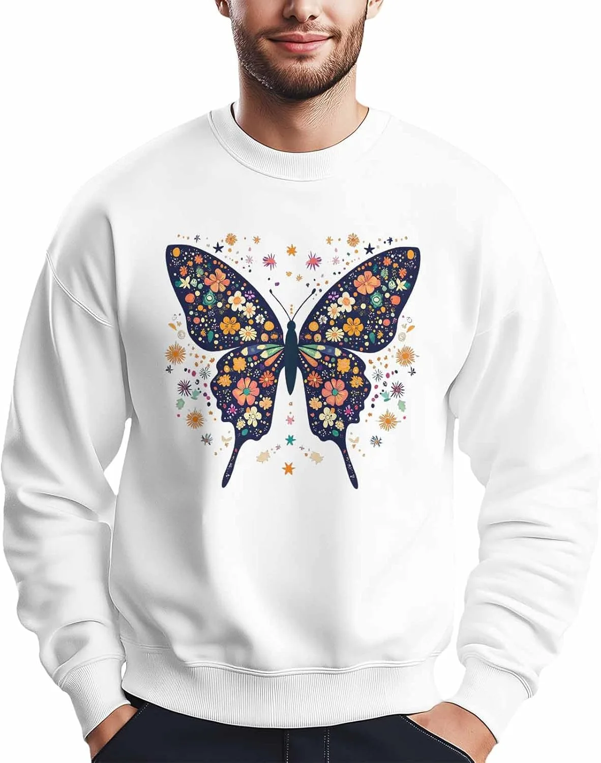 

Мужской свитшот с принтом синих бабочек и цветов, Crewneck, Long Sleeve Winvebermior