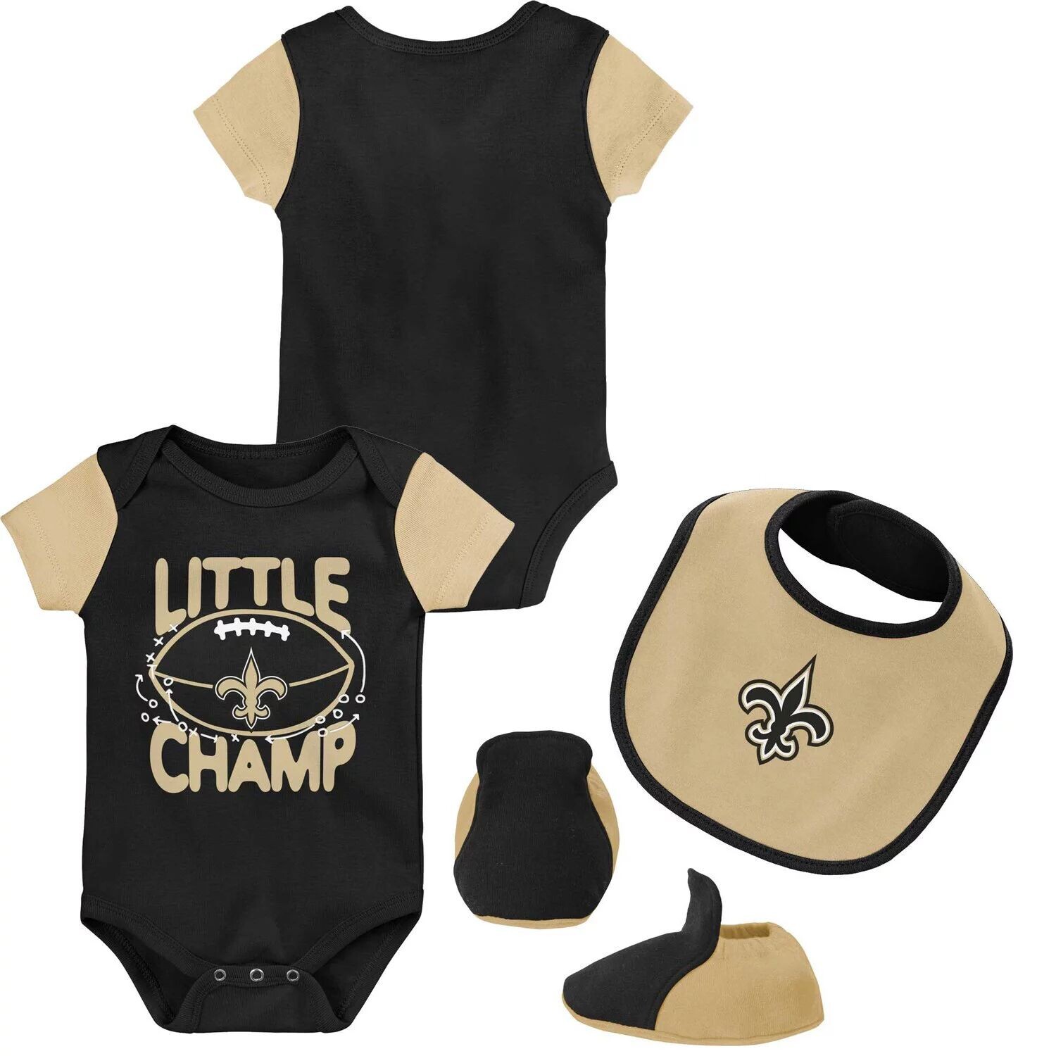 

Черный/золотой комплект из трех частей боди New Orleans Saints Little Champ для новорожденных и младенцев с нагрудником и пинетками Outerstuff