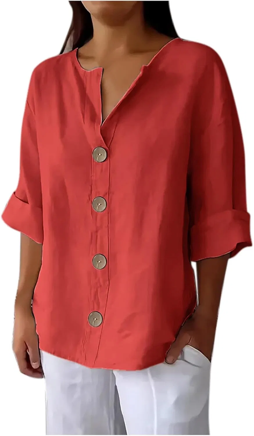 Женская блуза с V-образным вырезом, Linen, 3/4 рукава, Red