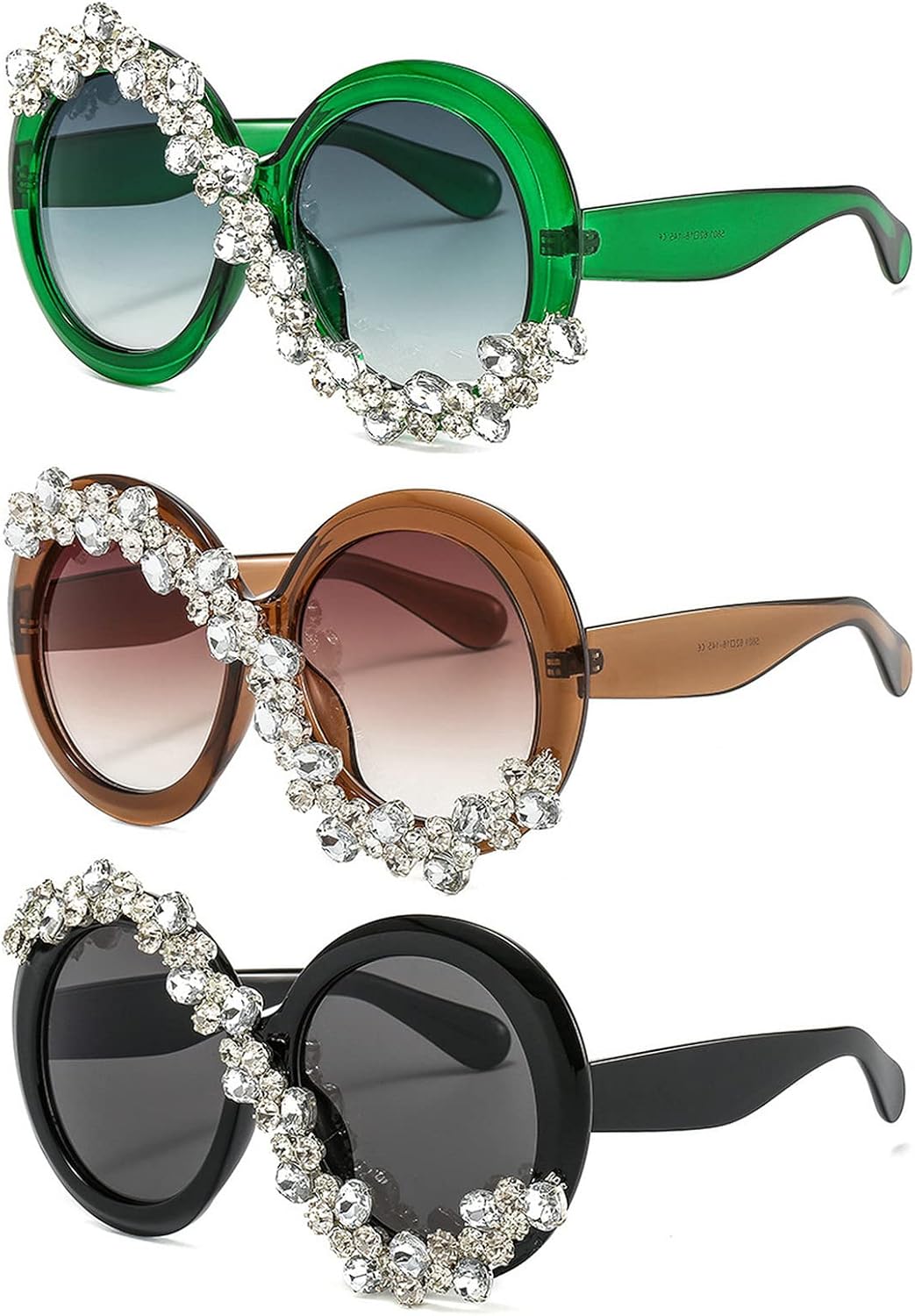 

Willochra 3 шт. Большие круглые солнцезащитные очки для женщин с бриллиантами и стразами, мужские роскошные очки (3 шт. - черные, зеленые и коричневые), 3pcs-black&green&brown