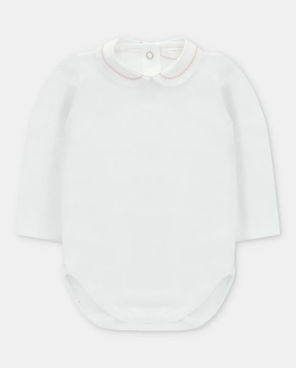 

Боди для младенца из интерлока белого цвета с воротником-ребенком, вышитым розовым Martín Aranda