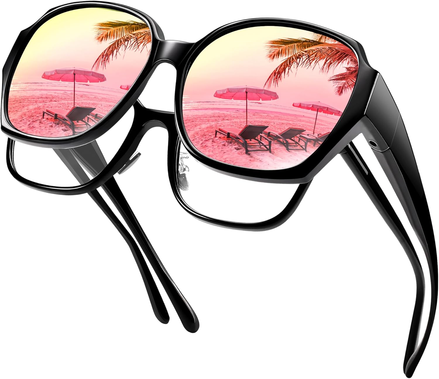 

Поляризованные солнцезащитные очки для женщин, надеваемые поверх обычных очков, увеличенного размера, защита от УФ-излучения UV400 Paukis, K07 Glossy Black/Pink Mirrored